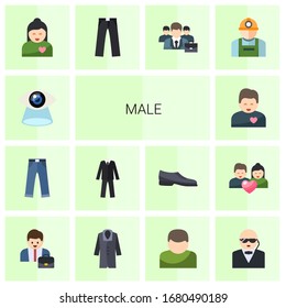 14 male flat icons set isolated on white background. Icons set with Vision, jeans, suit, girlfriend, boyfriend, trousers, business people, worker, Entrepreneur, coat, User icons.