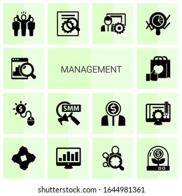 14 iconos rellenos de administración que se establecen aislados en fondo blanco. Iconos establecidos con análisis Web, Pago por clic, Mercadeo Social, Compromiso de marca, líder, optimización SEO, iconos de gestión de medios sociales.