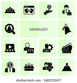 14 iconos rellenos por el administrador que están aislados en fondo blanco. Iconos establecidos con los iconos de Destino Audiencia, Audiencia, Desarrollador, héroe de negocios, empleado, Arquitectura de la Información, Inversor.