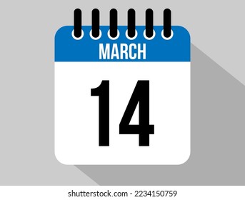 14. März Kalender Vektorsymbol. Blauer März für die Tage des Monats und die Woche auf hellem Hintergrund