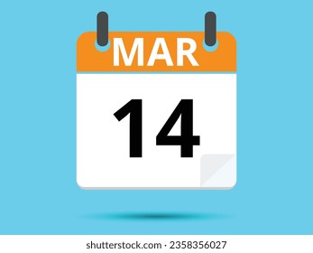 14 de marzo. Calendario de icono plano aislado en fondo azul. Ilustración vectorial.