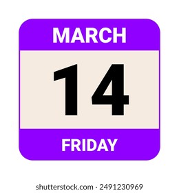 14 March, Friday. Date template. Useful design for calendar or event promotion. Vector illustration EPS 10 File. Isolated on white background. 