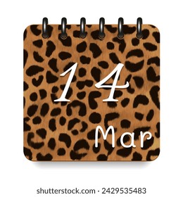 14 March. Leopard print calendar daily icon. White letters. Date day week Sunday, Monday, Tuesday, Wednesday, Thursday, Friday, Saturday.