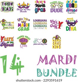 14 Mardi Gras Eye catching Colorful Typographic Bundle on White Background. Print Ready Graphic Template for Print on Demand Industry and Clothing Business.