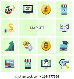 14 market flat icons set isolated on white background. Icons set with investment, growth, crypto-exchange, Accounting software, Social campaign, online business, Altcoin icons.