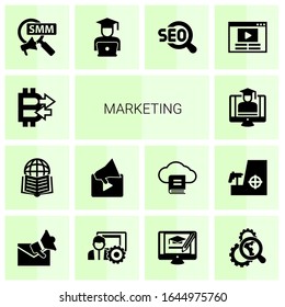 14 marketing filled icons set isolated on white background. Icons set with Peer to Peer, Affiliate Marketing, Video marketing, eCommerce Strategy, Social eCommerce website icons.