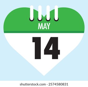 14 May calendar icon green heart shape on light sky blue color background, calendar vector symbol for the month of May.