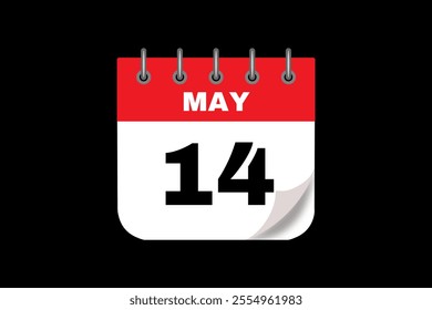 14 May calendar icon text page monthly web design on red, white and black background vector, icon, or illustration with the month of May 14