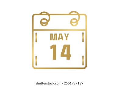14 May calendar icon text page monthly web design on golden and white background vector, icon, or illustration with the month of May 14