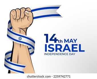 14 May. Vector illustration of Happy Independence Day greeting card for the country of Israel with clenched fists and a flag ribbon. Use for banners on a white background.