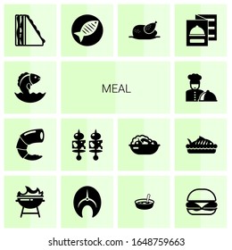 14 meal filled icons set isolated on white background. Icons set with Seafood, shrimp, starters, chefs dish, sandwich, Fish, chicken, restaurant menu, BBQ Grill, salmon icons.