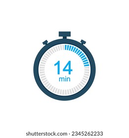 14 minutes countdown timer or digital counter timer clock vector icon. 14 min Stopwatch vector icon, digital timer.