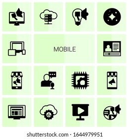 14 íconos rellenos de móviles aislados en fondo blanco. Conjuntos de iconos con un diseño web receptivo, marketing móvil, tienda en línea, marketing eCommerce, marketing digital, iconos de e-Book.