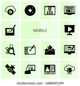 14 mobile filled icons set isolated on white background. Icons set with electronic signature, Audience targeting, Graphic tablet, video Presentation, cloud computing, stars icons.