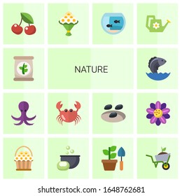 14 nature flat icons set isolated on white background. Icons set with fertilizer, octopus, crab, Seafood, cherry, bouquet, Aquarium, Watering can, flower basket, Soap making icons.