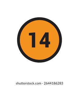 14 Number icon vector Orange Circle with Black design