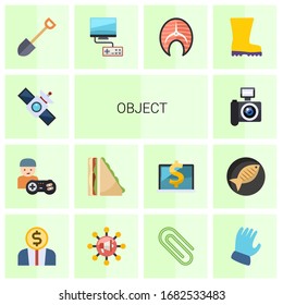 14 iconos planos de objetos establecidos aislados en fondo blanco. Iconos con satélite, gamer, sandwich, cámara réflex digital, Shovel, Videojuegos, salmón, botas de goma, íconos de emprendimiento.