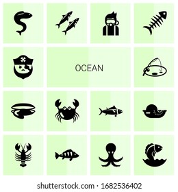 14 ocean filled icons set isolated on white background. Icons set with pirate, oyster, crab, Fishing, eel, sardine, Diving, fish bone, lobster, perch, octopus, Seafood icons.