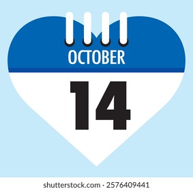 14 October calendar icon blue heart shape on light sky blue color background, calendar vector symbol for the month of October.