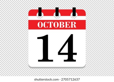 14 October Calendar icon vector, 14 dates of October month calendar icon, dates of October 14 icon calendar, vector calendar icon.