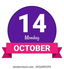 14 October, Monday. Date template. Useful design for calendar or event promotion. Vector illustration EPS 10 File. Isolated on white background. 