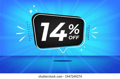 14% off. Blue banner with fourteen percent discount on a black balloon for mega big sales.