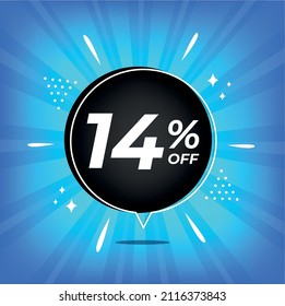 14% off. Blue banner with fourteen percent discount on a black balloon for mega big sales.