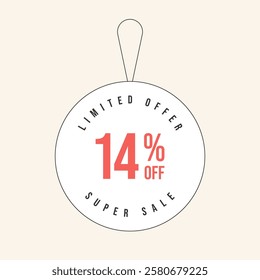 14% OFF flat design of label. Super Sale fourteen percent off. Sticker illustration limited offer. Vector illustration.