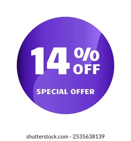 14% de desconto. 14% de desconto, Oferta Especial. Modelo de design de banner de venda de desconto. Etiqueta de desconto. Ilustração vetorial. Design roxo.