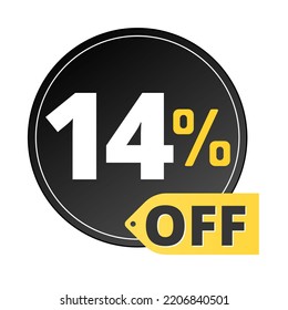 14% off limited special offer. Discount banner in red and yellow circular balloon, super discount