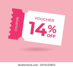 14% off Sale Voucher Coupon. Fourteen percent promotion illustration. Tag label, sale banner with discount coupon. Pink Vector gift voucher.