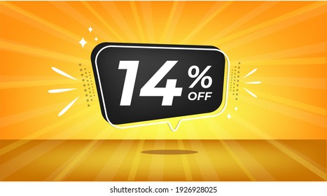 14% off. Yellow banner with fourteen percent discount on a black balloon for mega big sales.