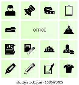 14 office filled icons set isolated on white background. Icons set with Stapler, Data mining, Stationery, director, User, Pin, measuring, Clipboard, Marker, Pencil, Sketching icons.