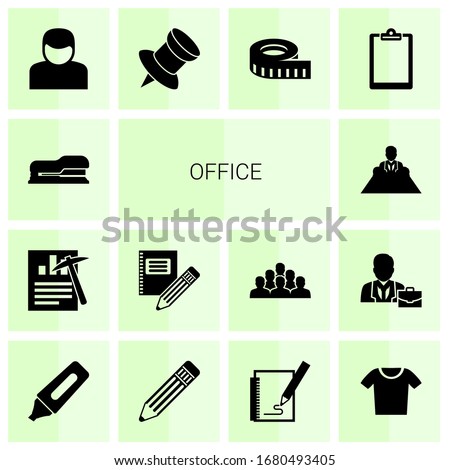 14 office filled icons set isolated on white background. Icons set with Stapler, Data mining, Stationery, director, User, Pin, measuring, Clipboard, Marker, Pencil, Sketching icons.