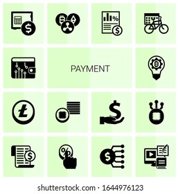 14 iconos rellenos de pago establecidos aislados en fondo blanco. Iconos con billetera digital, Altcoin, Tokens, fintech Innovation, depósito de renta, Criptomoneda, Impuestos, íconos del período de alquiler.
