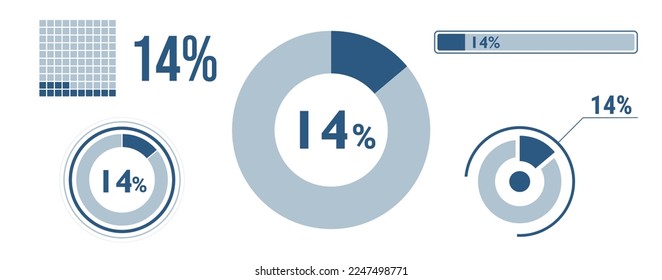 14 percent loading data icon set. Fourteen circle diagram, pie donut chart, progress bar. 14% percentage infographic. Vector concept collection, blue color.