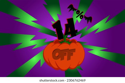 14 percent off. Banner, with pumpkin, green rays and purple background with gradient, bat wings, halloween theme.