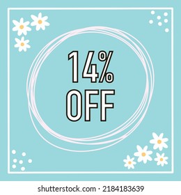 14 percent off % discount blue background with white flowers