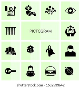 14 pictogram filled icons set isolated on white background. Icons set with Knitting, business people, dice, celebration, Smart Contract, NPC, fireworks, vision, Keyword icons.