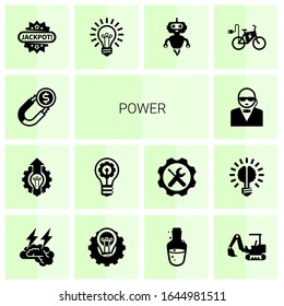 14 power filled icons set isolated on white background. Icons set with Attract, Innovation business, innovation, security, Jackpot, Idea, AI Robot, elektro bike, Brain storm icons.