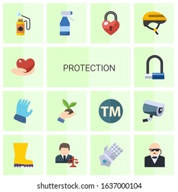 14 protection flat icons set isolated on white background. Icons set with caring, Garden gloves, Gardening, Bike padlock, Disinfection service, Spray bottle, heart lock icons.