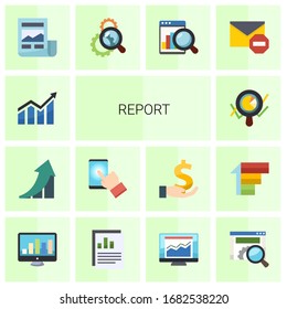 14 reportar iconos planos establecidos aislados en fondo blanco. Iconos con Beneficio, crecimiento, pruebas, análisis de marketing, fuentes de noticias, optimización de búsquedas, análisis web, iconos de spam.