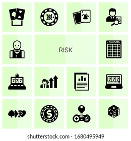 14 risk filled icons set isolated on white background. Icons set with Croupier, slot machine, Business opportunity, Bingo, poker, roulette, Joker, tax consultant, gambling icons.