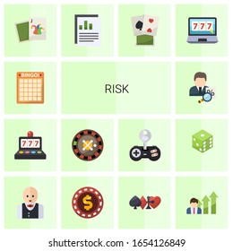 14 risk flat icons set isolated on white background. Icons set with Bingo, slot machine, roulette, tax consultant, Joker, Annual report, poker, online casino, Croupier icons.