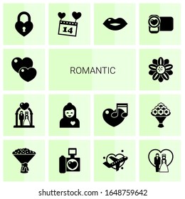 14 romantic filled icons set isolated on white background. Icons set with love, wedding ceremony, boyfriend, Floral design, heart lock, Valentines Day, kiss, video shooting icons.