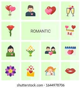 14 románticos iconos planos aislados en fondo blanco. Iconos con rosa, novio, ramo, San Valentín, globos, novia, amor, champán, diseño floral, íconos de mensajes de amor.