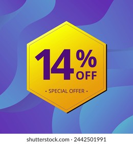 14% Sale and Discount Label. Fourteen percent Sale Discount label Geometric design. Abstract Blue and Yellow Hexagon. Vector illustration.