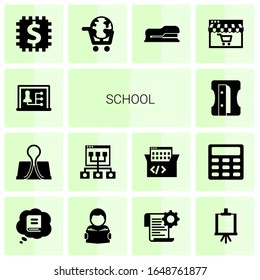 14 school filled icons set isolated on white background. Icons set with Distance teacher, Binder clip, Online coaching, Sharpener, Blended Learning, eLearning, Stapler icons.