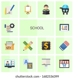 14 school flat icons set isolated on white background. Icons set with Self-learning, Game-based Learning, Pencil & ruler, Distance teacher, Sketching, Easel, Reading, eLearning icons.