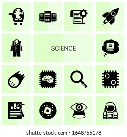 14 science filled icons set isolated on white background. Icons set with coat, asteroid, Artificial Intelligence, Knowledge, eLearning, Big data, Self-learning, rocket icons.